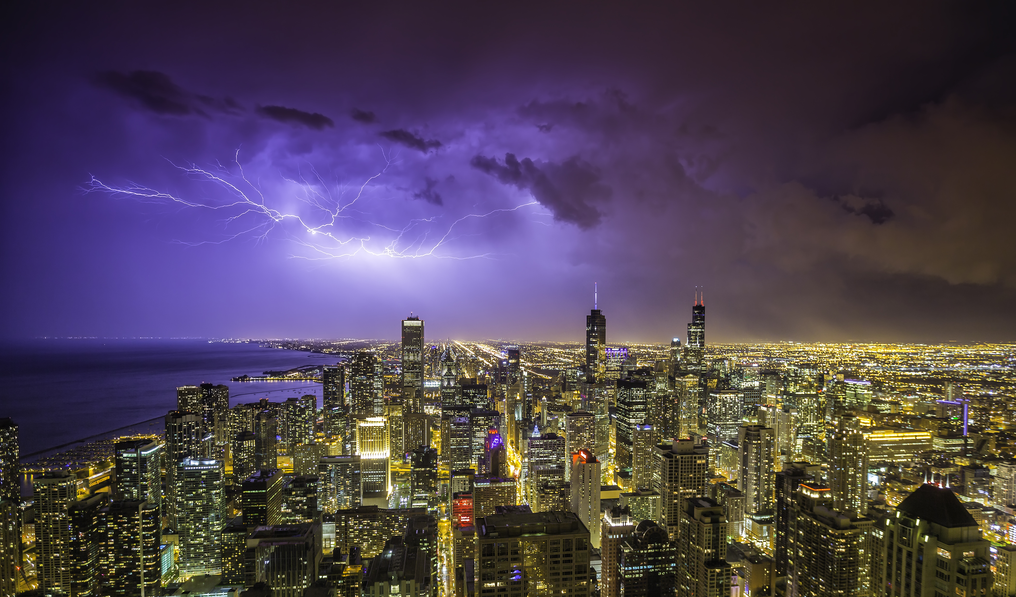 Chicago downtown night panorama during thunderstorm